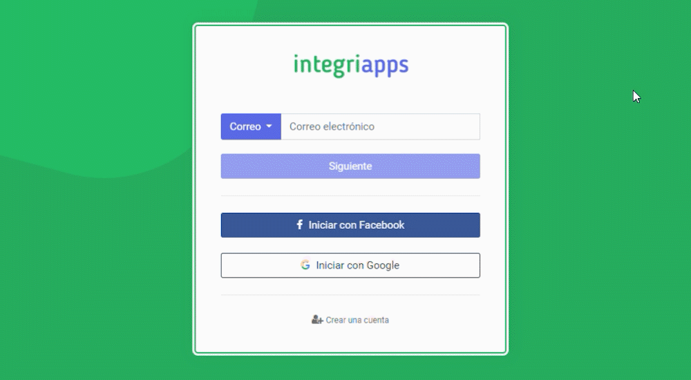 Crea tu cuenta de IntegriApps con tus Redes Sociales de forma rápida y transparente.